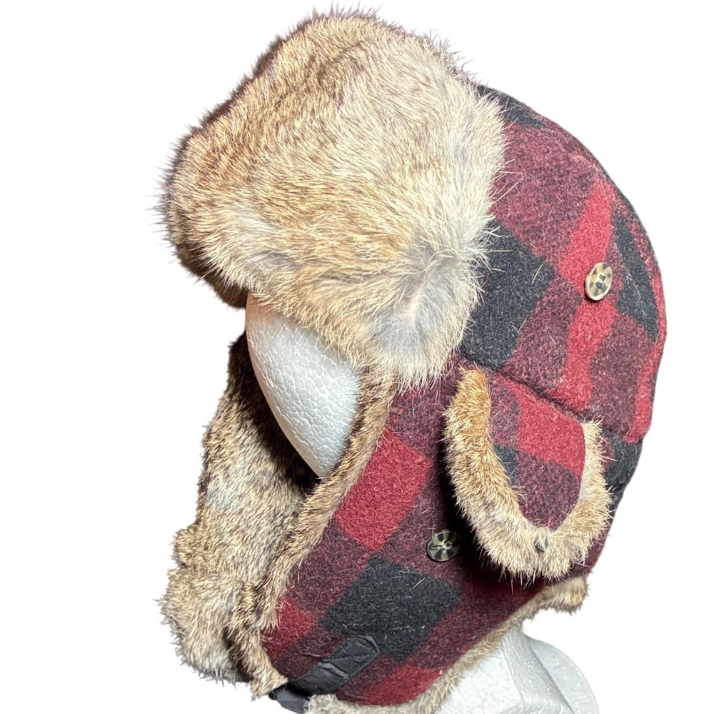 Mad Bomber Hat M rabbit fur wool red black wool classic ear flaps vintage
